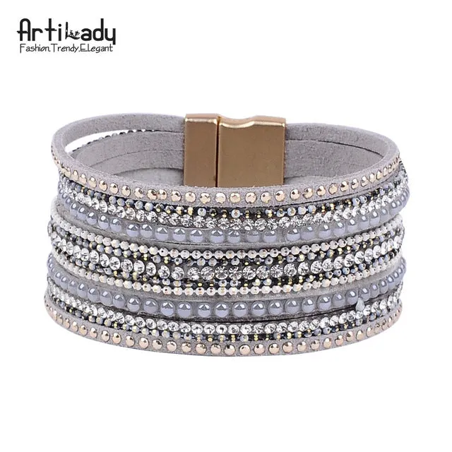 Artilady natural crystal bracelet luxury exclusive design genuine leather statement bangles for women with magic closure jewelry