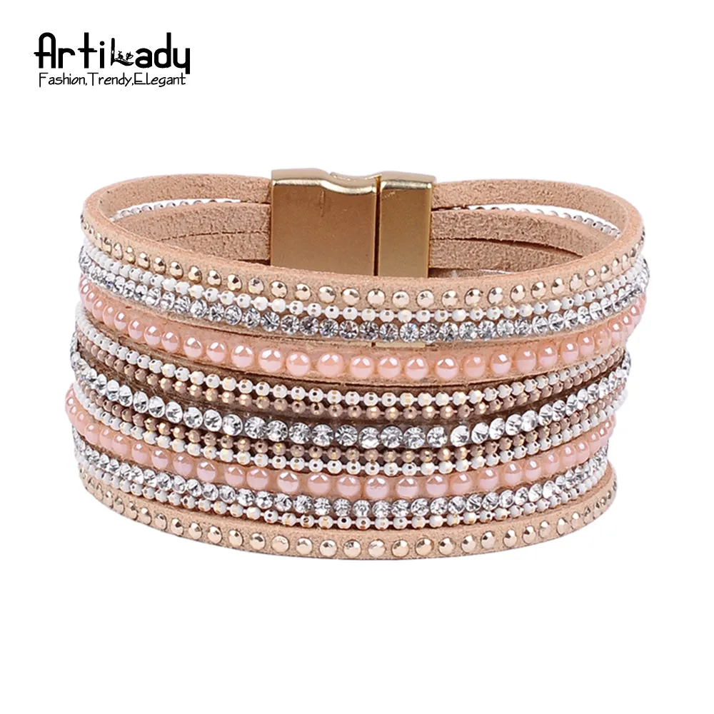 Artilady natural crystal bracelet luxury exclusive design genuine leather statement bangles for women with magic closure jewelry