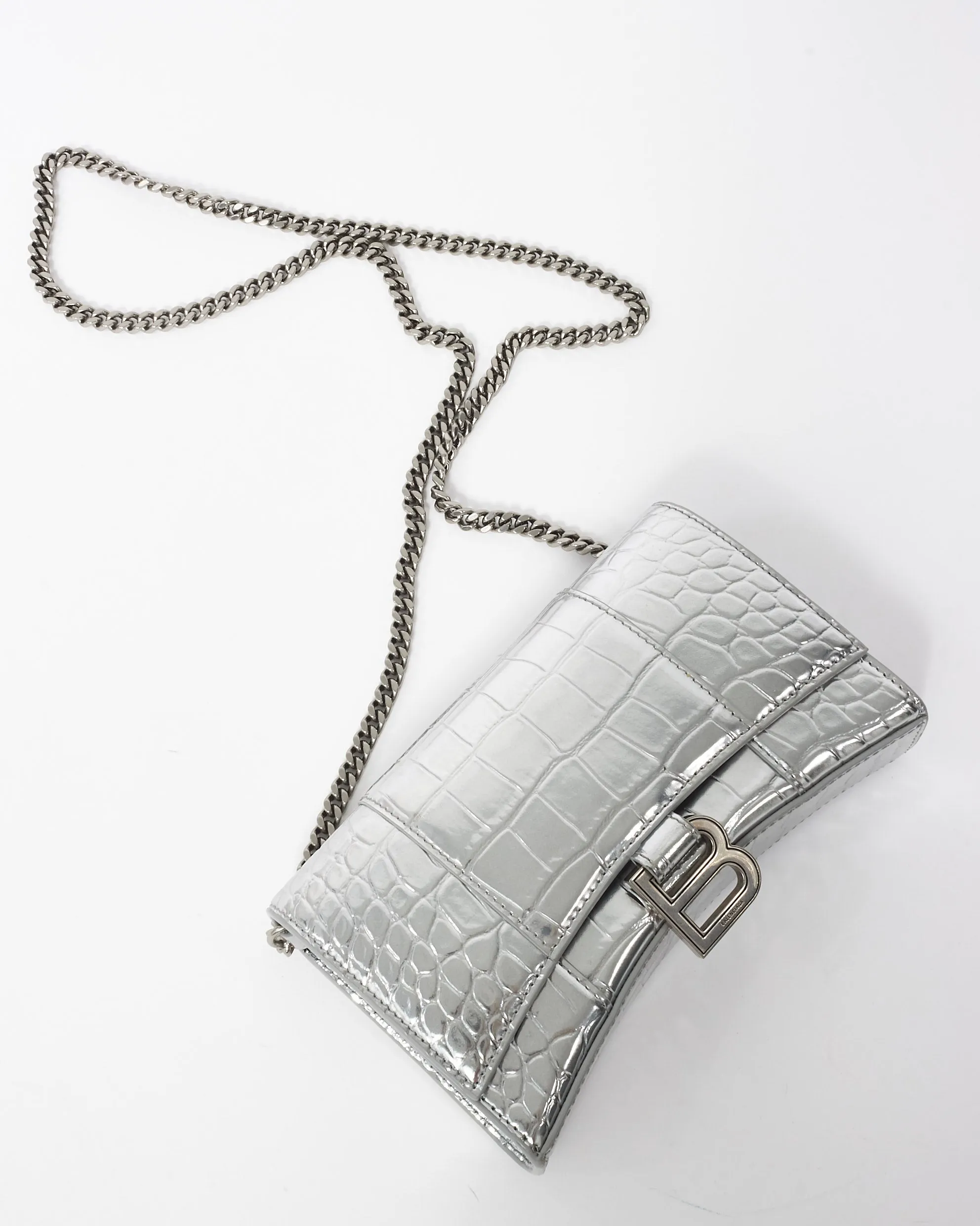 Balenciaga Silver Croc Embossed Hourglass Chain Bag