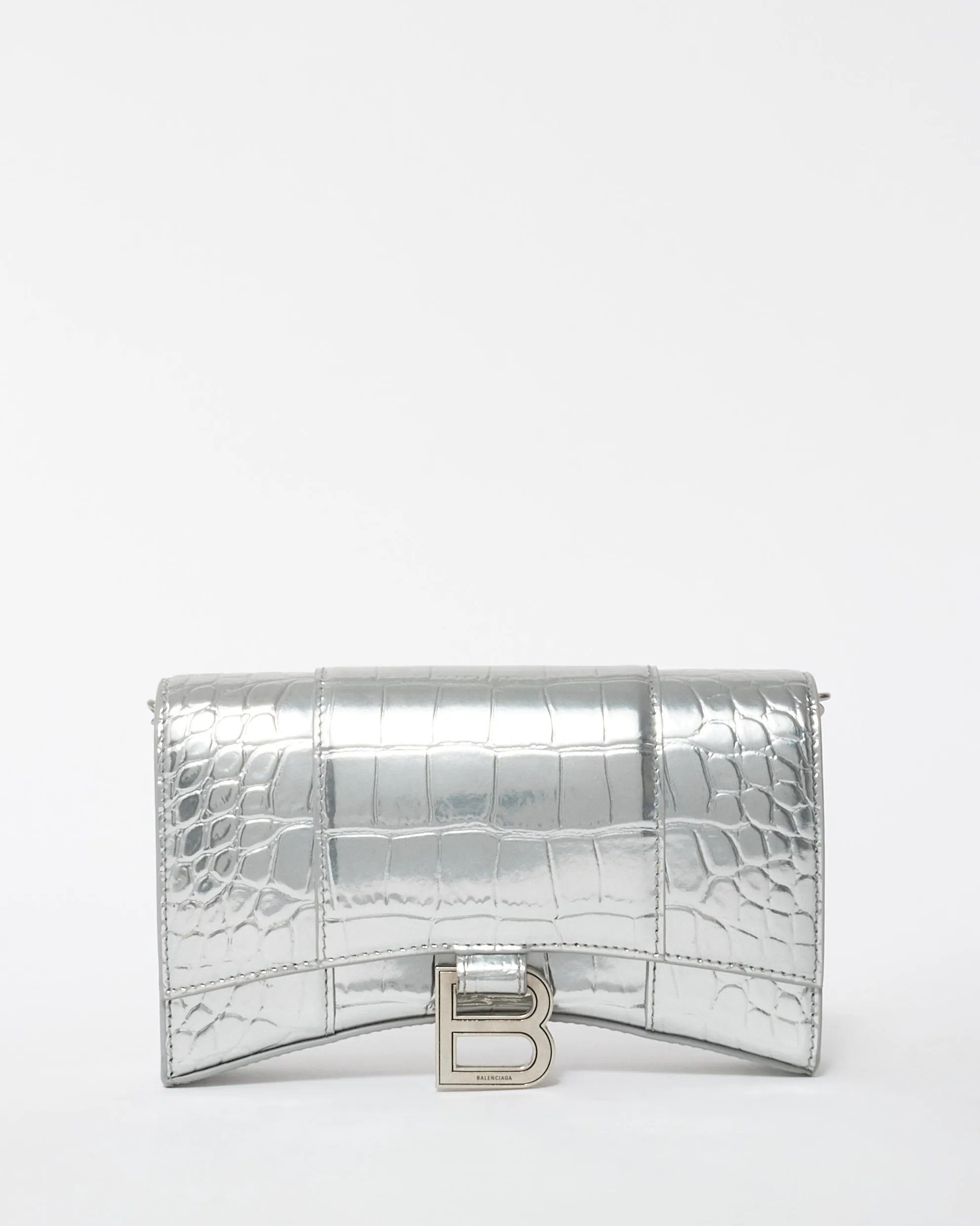 Balenciaga Silver Croc Embossed Hourglass Chain Bag