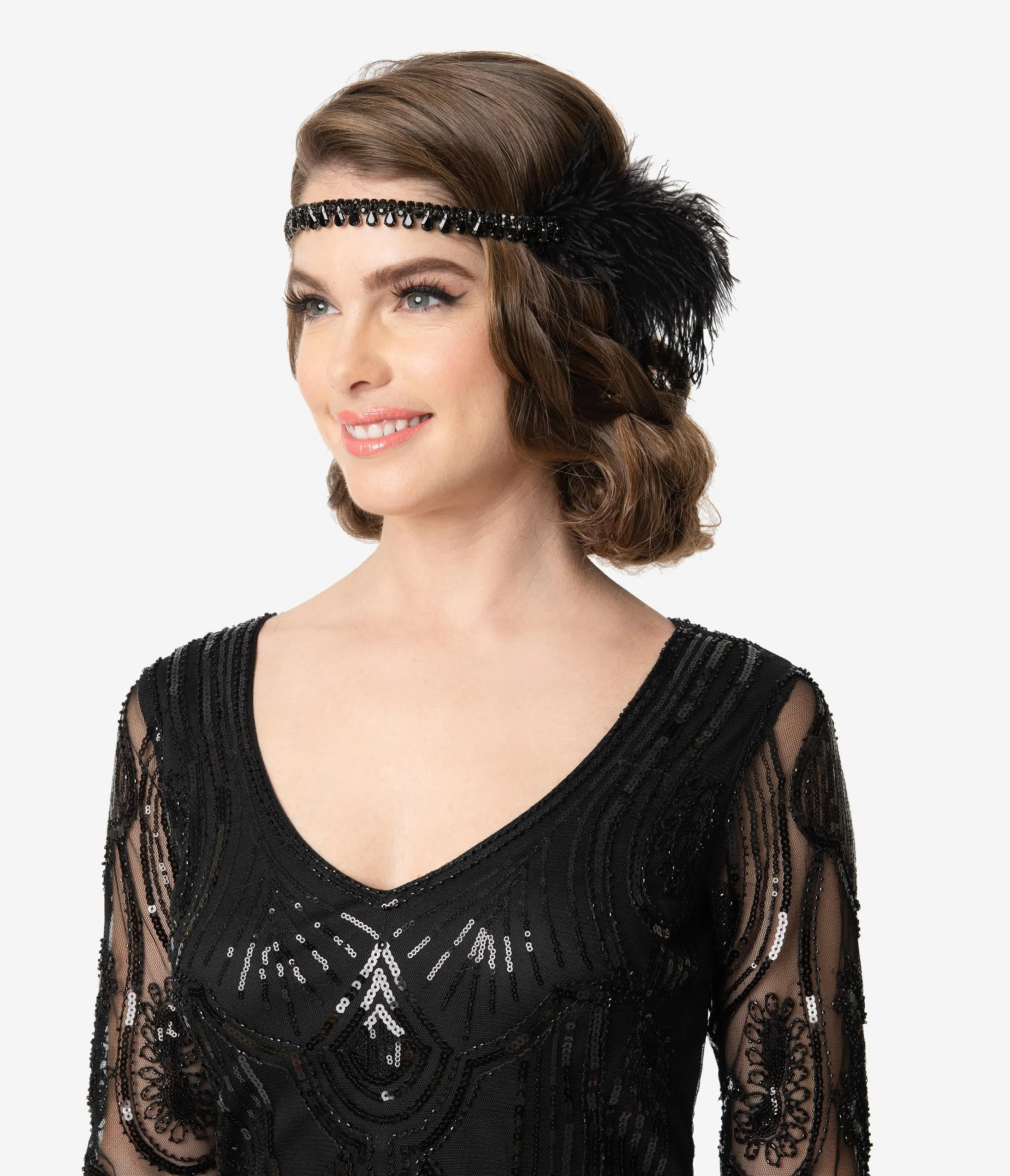 Black Feather & Teardrop Gem Olivia Flapper Headband