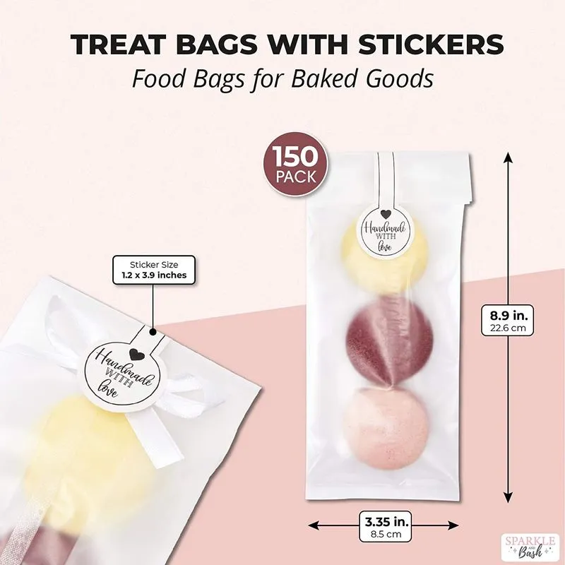 Clear Plastic Treat Bags with Stickers for Baked Goods (3.35 x 8.9 In, 150 Pack)