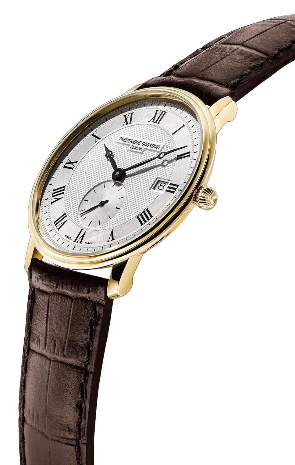 Frederique Constant Slimline Small Seconds Yellow Gold Plated Steel Silver Dial Brown Leather Strap Date Quartz Mens Watch FC-245M4S5