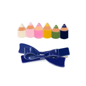 Girl Clips | Colorful Pencils and Blue Bow Clips Set | Lilies and Roses NY