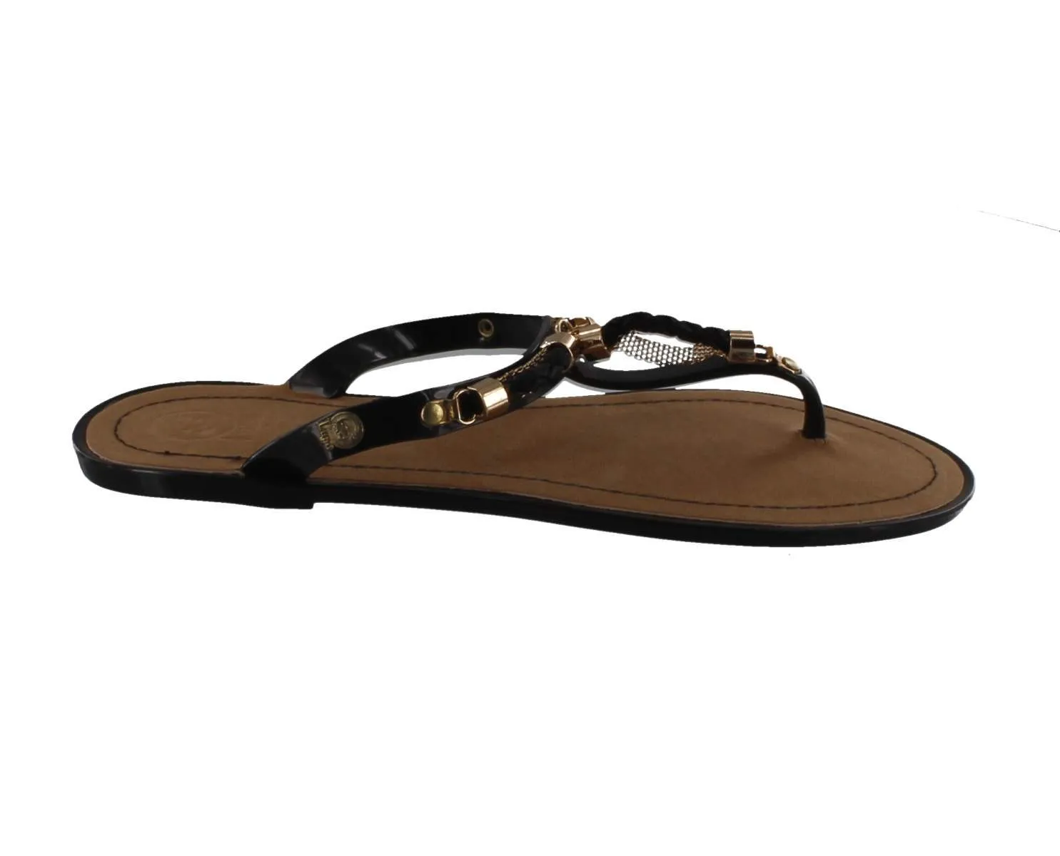 Sandal Jandal Style Flat Black with Braid Accent and Gold Detail