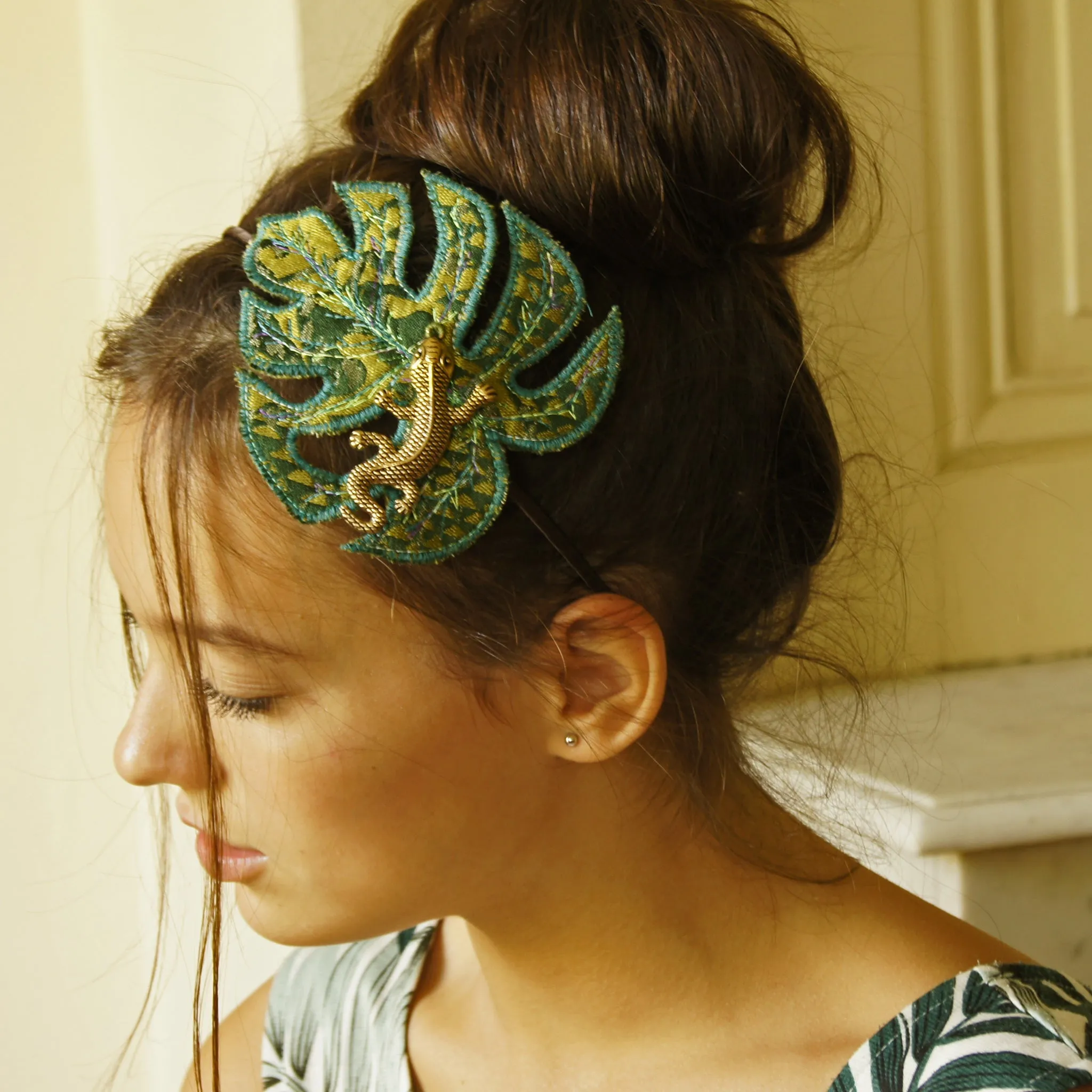 Textile Monstera Leaf Headband Green