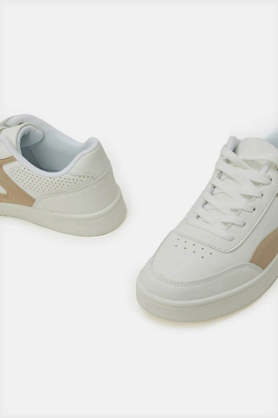 Women White And Beige  Lace Up Trainer