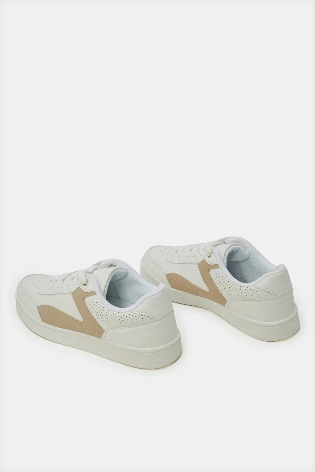 Women White And Beige  Lace Up Trainer