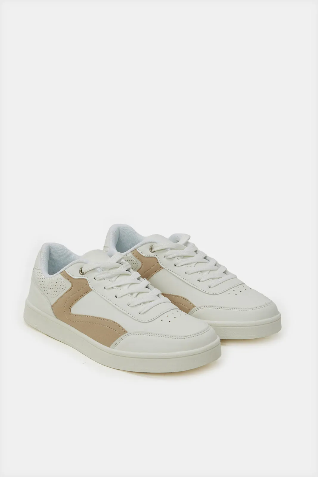 Women White And Beige  Lace Up Trainer